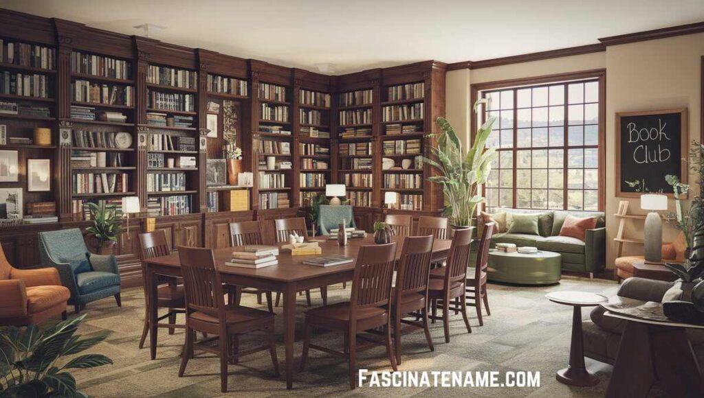 A serene library scene showcasing a table and chairs set before rows of bookshelves brimming with literature.