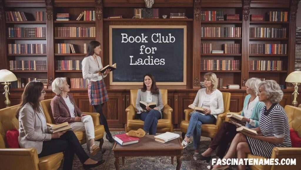 A group of women gathered in a cozy setting, discussing books and sharing laughter at their book club meeting.