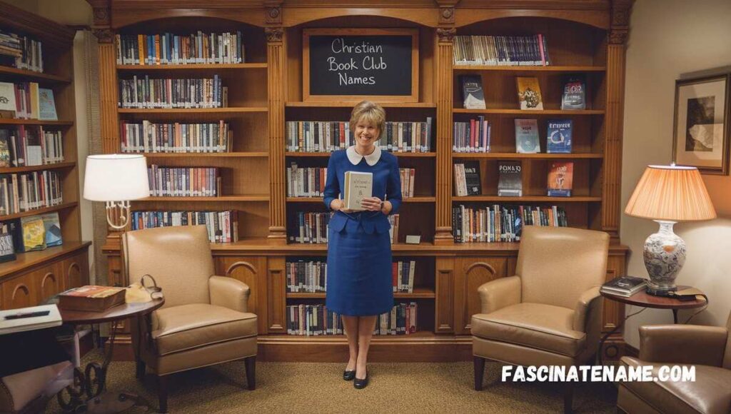 A woman in a blue dress stands confidently in front of a tall bookcase filled with books.