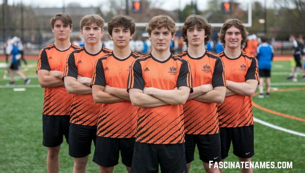 A group of young men in orange shirts stands together on a soccer field, ready for a match or practice session.