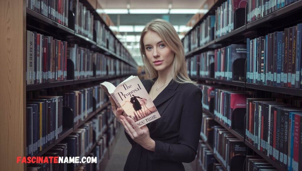 A woman stands in a library, holding a book and surrounded by shelves filled with various titles.