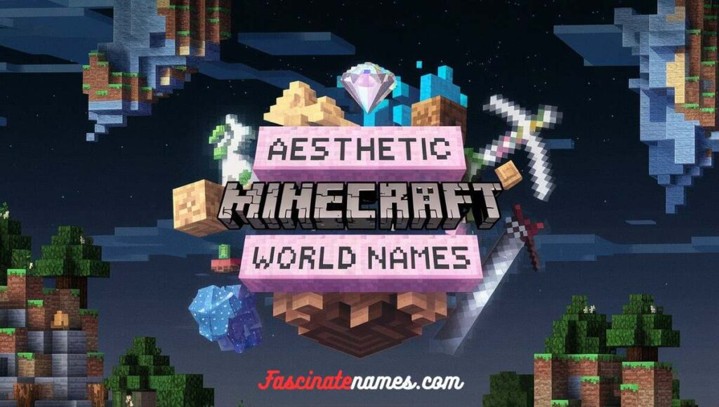 A colorful Minecraft landscape showcasing unique world names inspired by aesthetics and creativity.