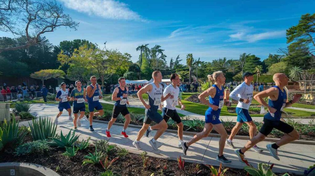 A group of runners poised at the starting line, ready to take off as the race is about to begin.