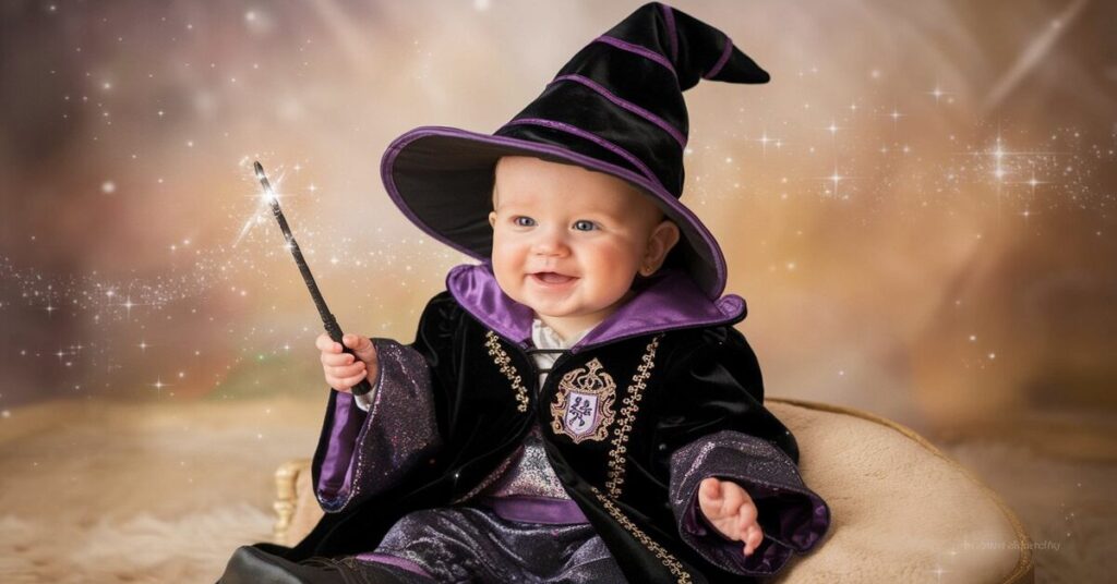 A baby in a wizard costume, complete with a hat, joyfully holds a wand, embodying magical charm and innocence.