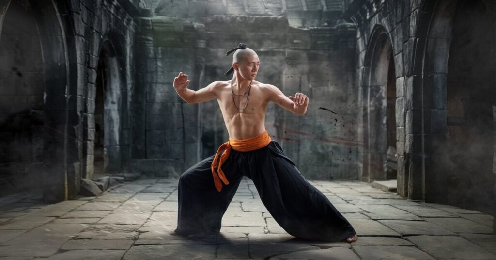 A monk in black pants and an orange belt practicing martial arts with focused determination.