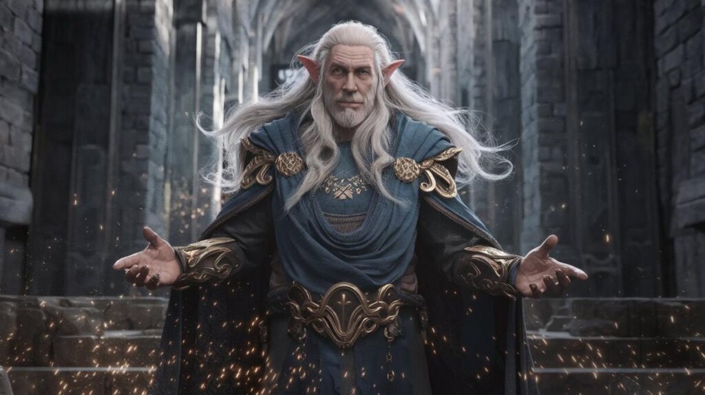 An elderly man with white hair wearing a flowing blue cloak, exuding wisdom and grace.