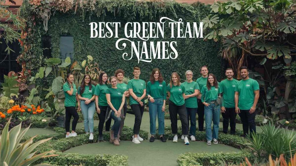 A creative display of various green-themed team names, showcasing vibrant colors and engaging typography.