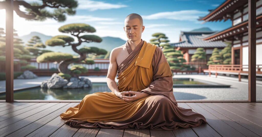 A serene monk meditating peacefully in front of a tranquil Japanese garden, surrounded by lush greenery and calm waters.