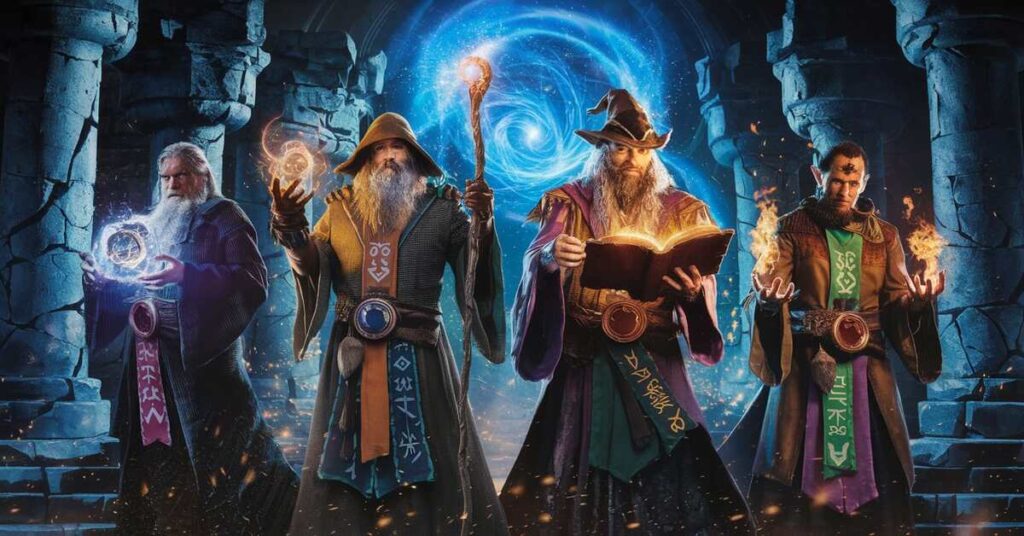 A group of wizards stands confidently in front of an ancient stone wall, showcasing their magical presence and attire.