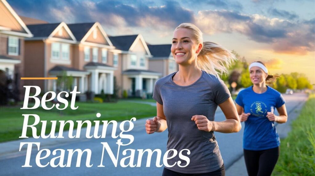 Two women sprinting in front of a house, showcasing enthusiasm for the best running team names.