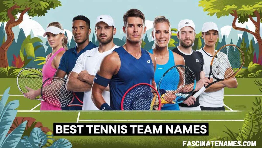  A graphic displaying creative and engaging names for the best tennis teams, showcasing team spirit and camaraderie.