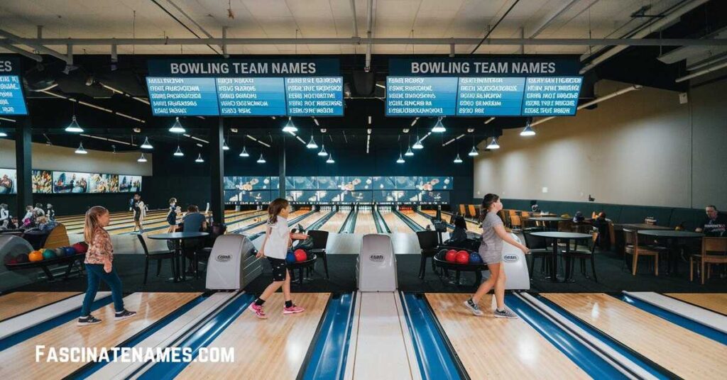 A lively bowling alley filled with people enjoying their games on the lanes, laughter and excitement in the air.