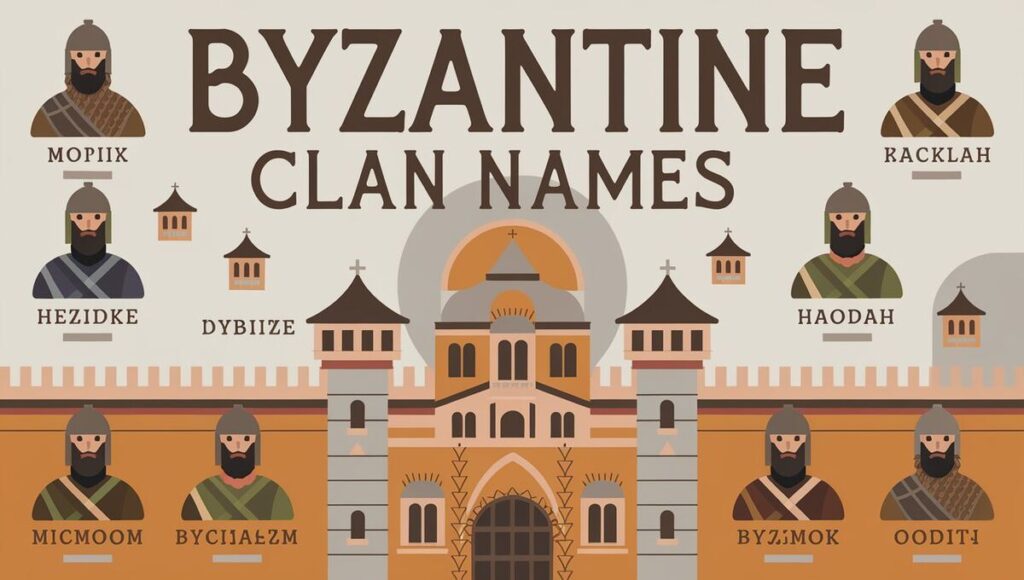 A collection of unique Byzantine clan names displayed in an artistic font against a textured background.