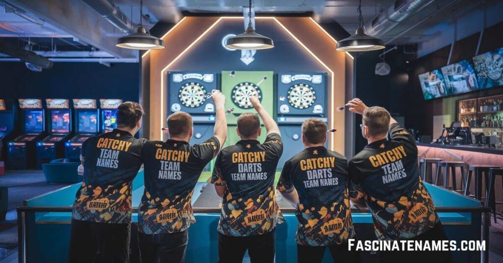 Four men in black shirts proudly hold up a dartboard, showcasing their teamwork and enthusiasm for the game.