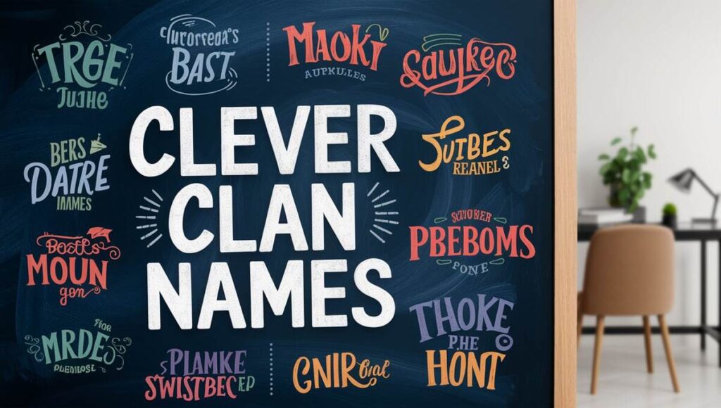 A chalkboard filled with imaginative clan names, showcasing vibrant chalk lettering.
