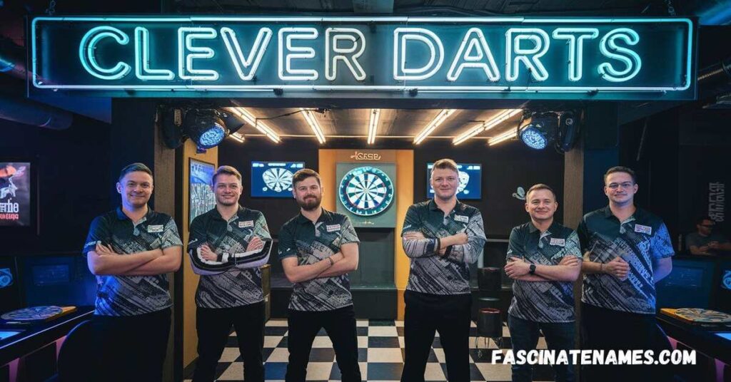 A fun darts team smiles for a photo in front of a dartboard, showcasing their camaraderie and competitive spirit.
