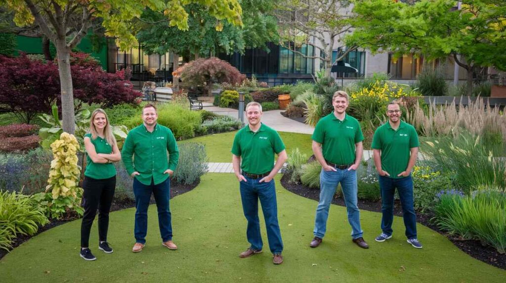  A cheerful team stands together at the garden center, surrounded by vibrant plants and flowers, ready to help customers.