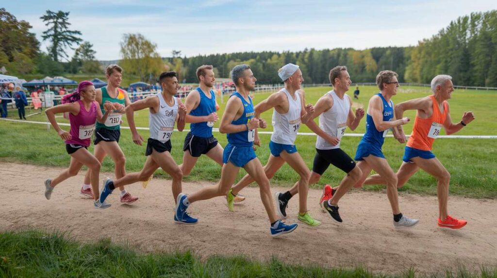 A diverse group of runners sprinting together in a lively race, showcasing determination and teamwork.