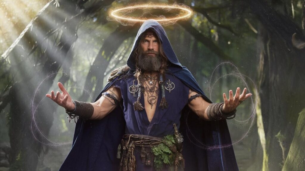 A bearded man with a halo stands in the woods, embodying the spirit of a druid amidst the trees.