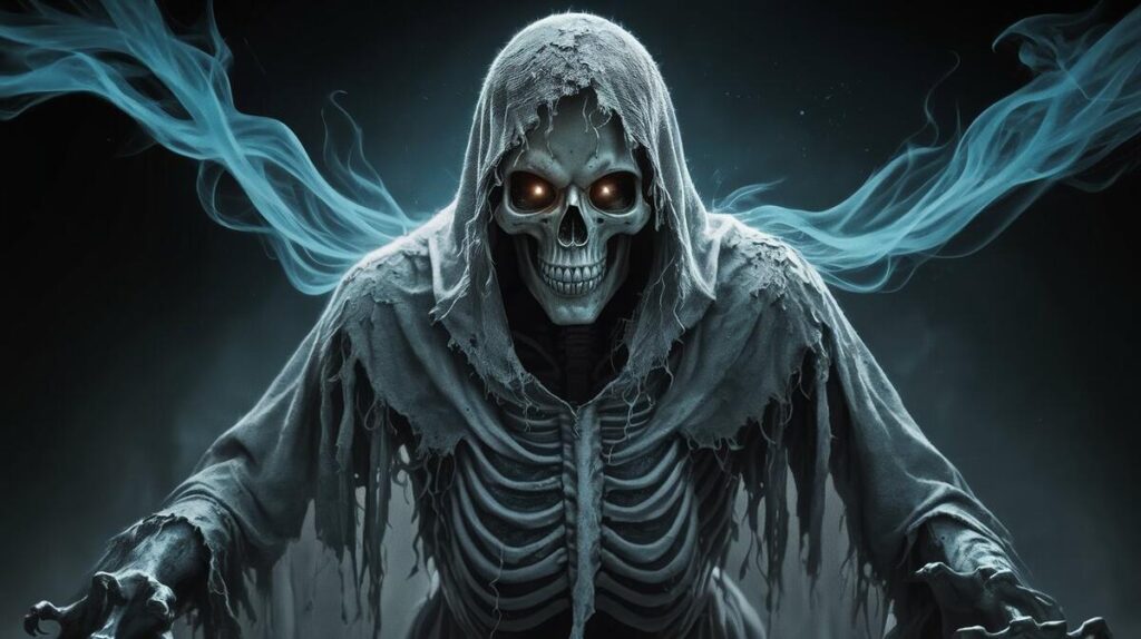 A ghostly grim reaper with blue smoke swirling from his mouth, adding a mysterious vibe.