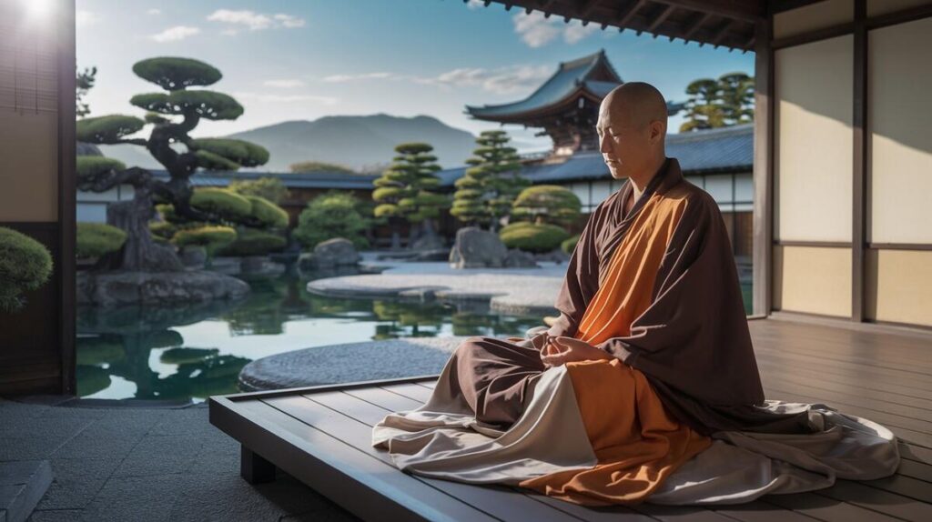 A serene monk sits on a bench, surrounded by the tranquility of a beautiful Japanese garden.