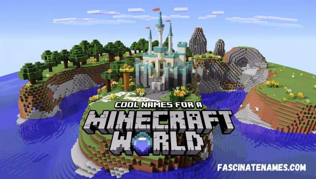 Minecraft world logo featuring a castle in the background, showcasing a vibrant and blocky landscape.