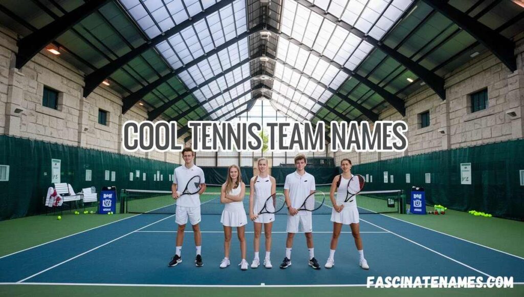 A fun collage of creative and cute tennis team names displayed on colorful backgrounds.