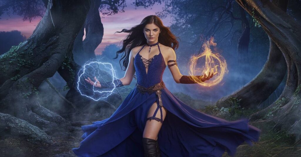 A woman in a blue dress, embodying a wizard, holds two glowing orbs in her hands, radiating mystical energy.