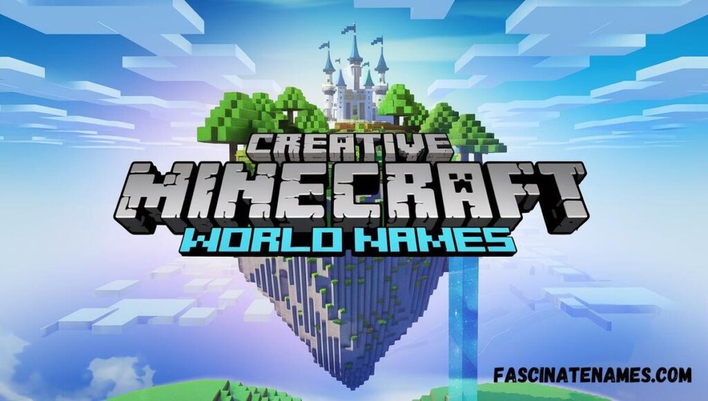 A colorful collage of various Minecraft world names displayed in a fun, blocky font against a pixelated background.