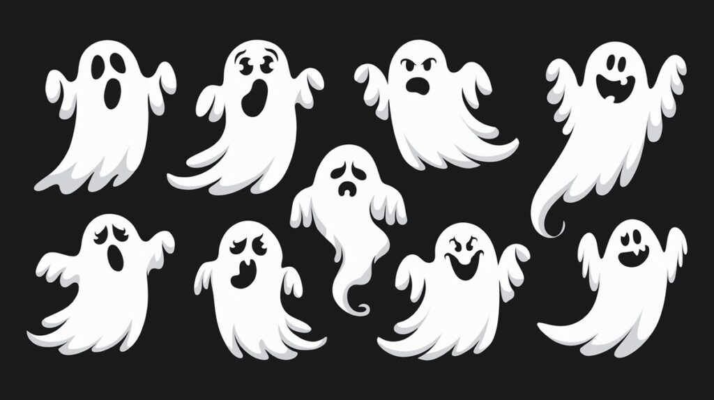 A playful group of cartoon ghosts floating against a black background, each with a unique expression and style.