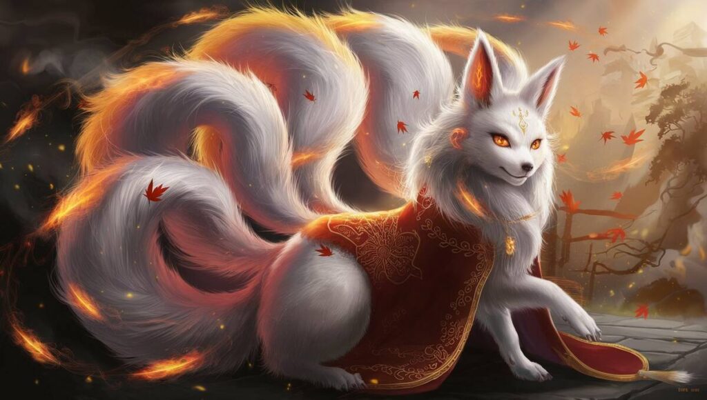 Animated white fox with red eyes surrounded by flames, embodying the mystical spirit of a Kitsune.