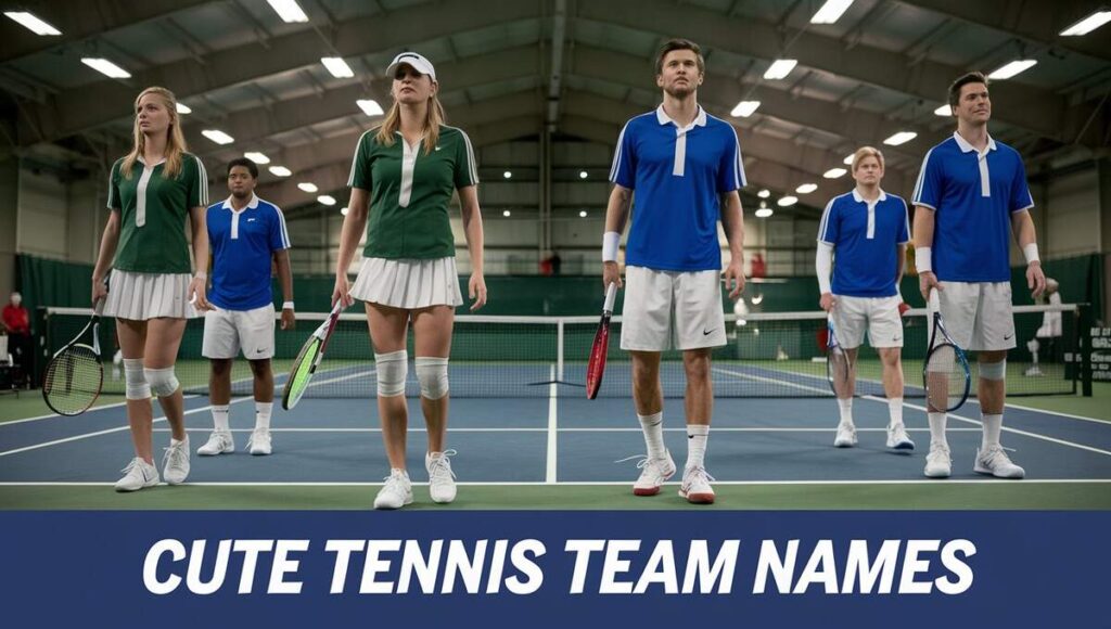 A fun collage of creative and cute tennis team names displayed on colorful backgrounds.
