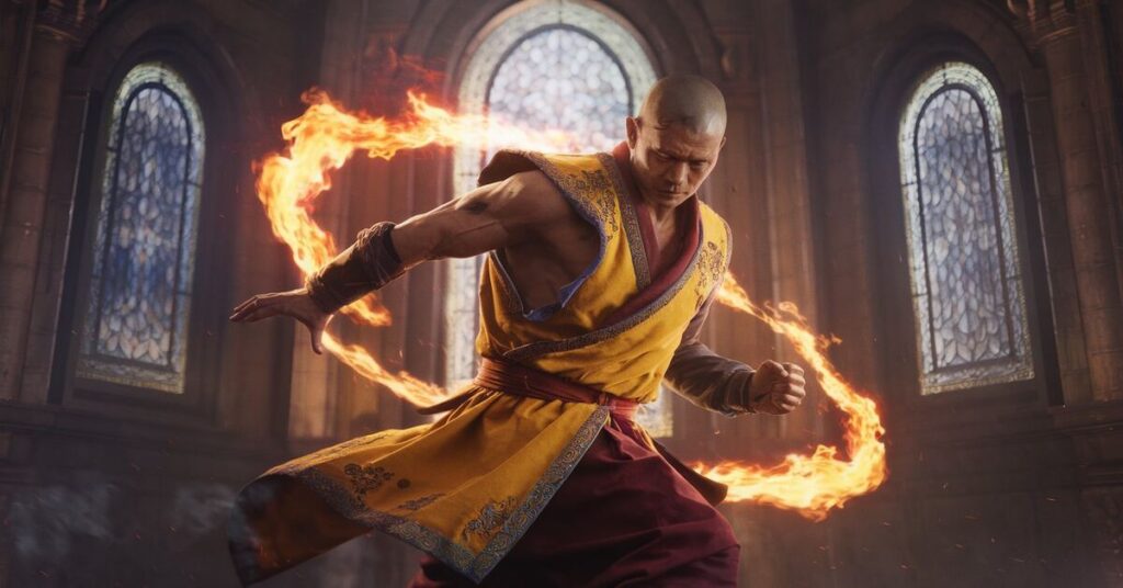 A monk in a yellow robe holds a glowing fireball, radiating energy and focus in a serene setting.