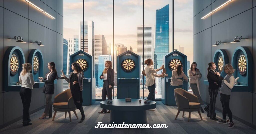 A group of friends gathered around a dartboard, enjoying a fun game in a cozy room.