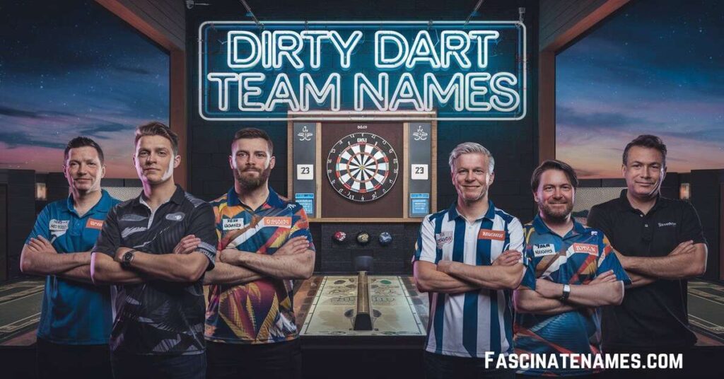 A vibrant chalkboard filled with unique and fun darts team names, capturing the excitement of the game.