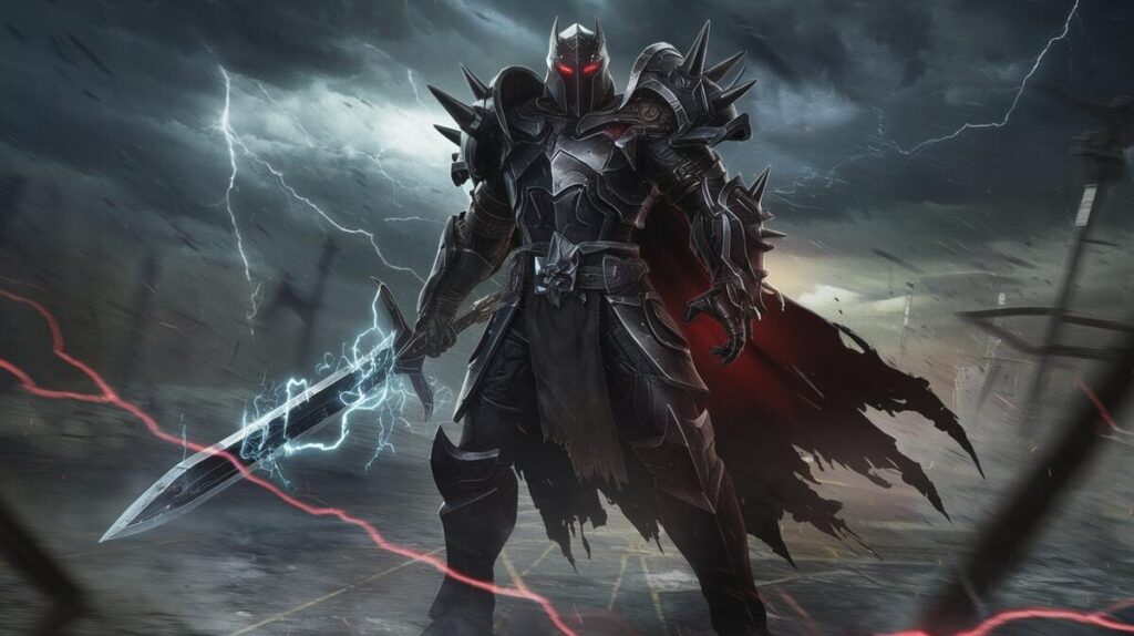 A dark knight wielding a sword stands boldly as lightning strikes in the background, creating a dramatic scene.