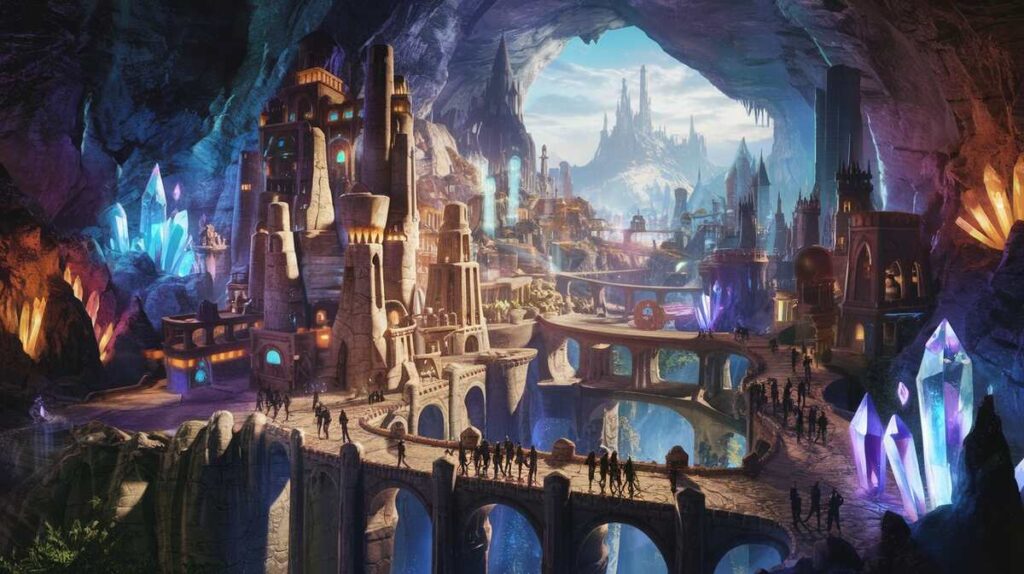 A vibrant painting depicting the enchanting city of elves, filled with whimsical architecture and lush greenery.