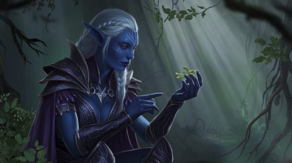 A blue elf gently cradles a vibrant green leaf in its hands, surrounded by a magical forest backdrop.