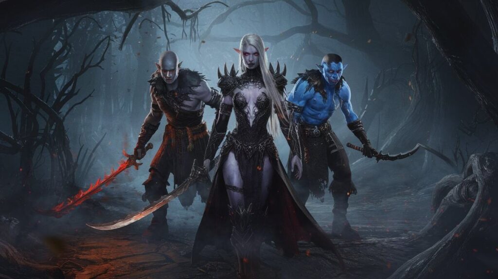 Three iconic characters from the World of Warcraft, showcasing their unique designs and vibrant game world backdrop.