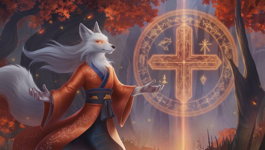 A white fox with a cross on its back, embodying the mystical essence of a Kitsune in a serene setting.