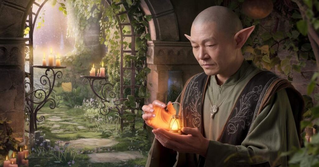 An elf in a garden holds a candle, casting a warm glow amidst the greenery, evoking a serene, mystical vibe.