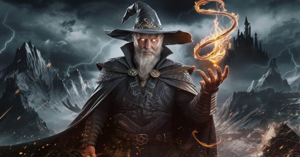 A wizard confidently holds a flickering flame in his hand, showcasing his magical powers.