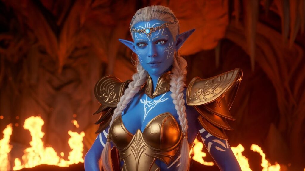 An animated female Githyanki elf with blue skin, adorned in intricate gold armor, exuding a mystical aura.