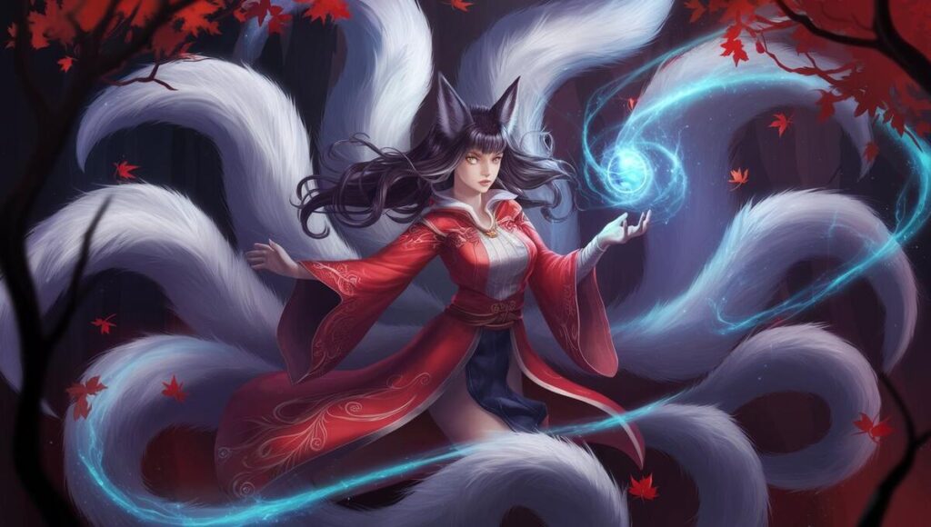 A woman in red and white attire with long hair holds a blue orb, embodying the mystical essence of a Kitsune.