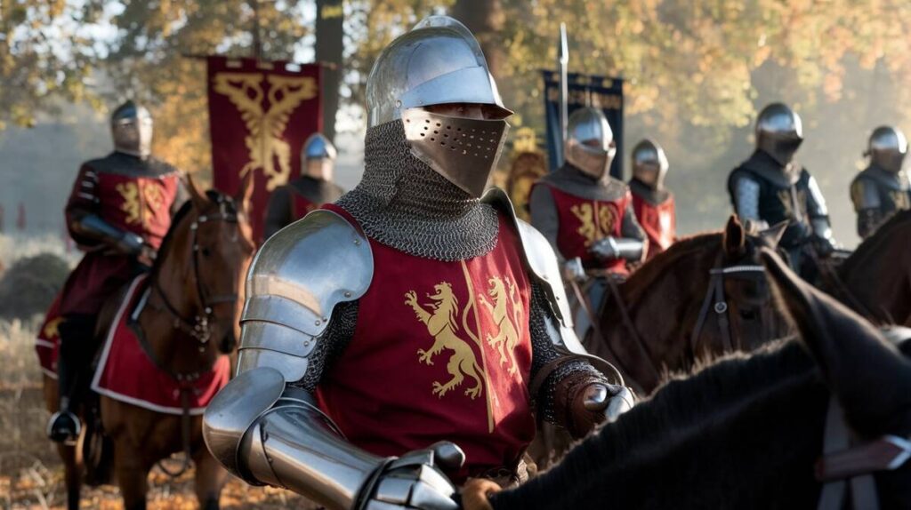 A group of armored knights riding horses, showcasing their bravery and camaraderie on a sunny day.
