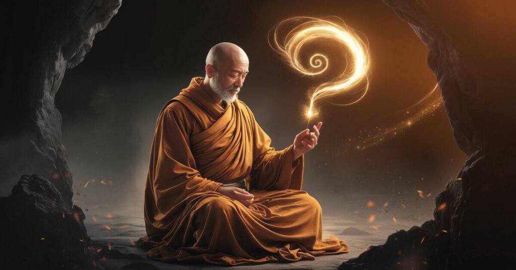 A monk in the dark, deep in thought, with a question mark drawn on his hand, symbolizing contemplation and curiosity.