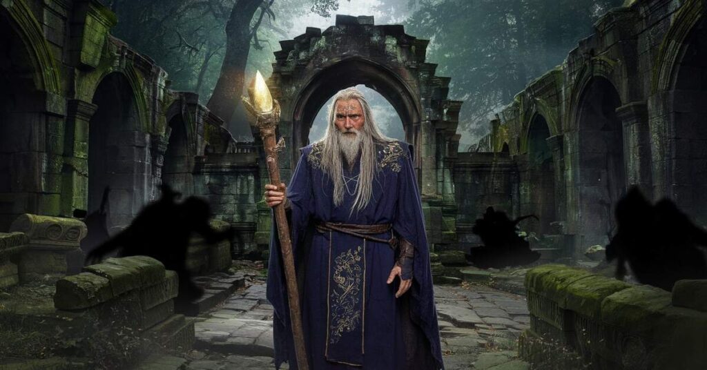 A wizard character from the Lord of the Rings game, casting spells in a mystical landscape filled with adventure.