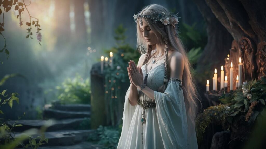 A woman in a flowing white dress stands gracefully before flickering candles, embodying a serene Druidic presence.