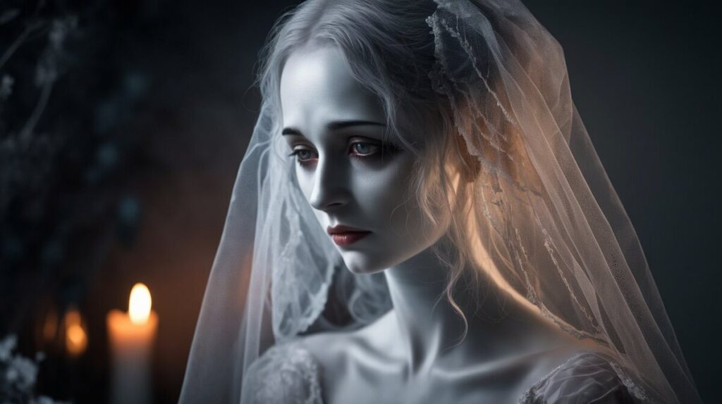 A ghostly woman in a wedding dress and veil, holding a flickering candle, creating an ethereal atmosphere.