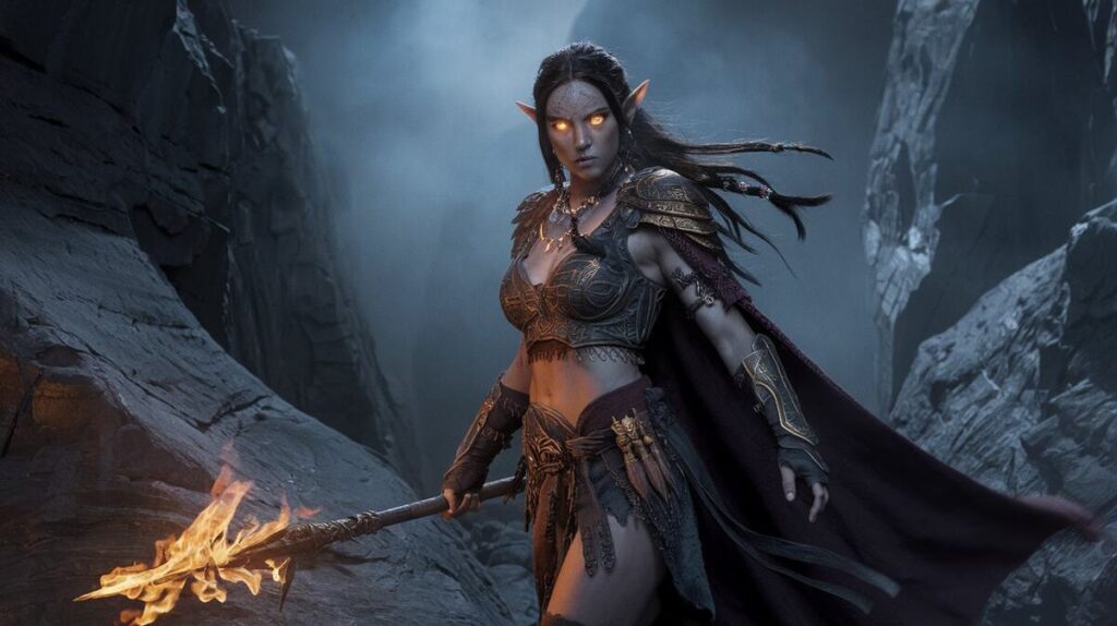 In a dark setting, a female elf grips a torch and sword, poised for action and illuminated by the flickering light.